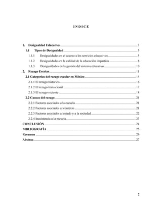 Resumen de la desigualdad educativa en México y el rezago escolar | PDF