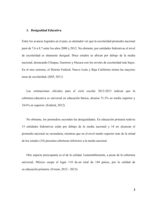 Resumen de la desigualdad educativa en México y el rezago escolar | PDF