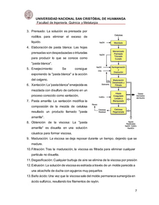 UNIVERSIDAD NACIONAL SAN CRISTÓBAL DE HUAMANGA
Facultad de Ingeniería Química y Metalurgia
7
3. Prensado: La solución es prensada por
rodillos para eliminar el exceso de
líquido.
4. Elaboración de pasta blanca: Las hojas
prensadas sondespedazadas o trituradas
para producir lo que se conoce como
"pasta blanca".
5. Envejecimiento: Se consigue
exponiendo la "pasta blanca" a la acción
del oxígeno.
6. Xantación: La 'pastablanca"envejecida es
mezclada con disulfuro de carbono en un
proceso conocido como xantación,
7. Pasta amarilla: La xantación modifica la
composición de la mezcla de celulosa
resultado un producto llamado "pasta
amarilla".
8. Obtención de la viscosa: La "pasta
amarilla" es disuelta en una solución
cáustica para formar viscosa,
9. Maduración: La viscosa se deja reposar durante un tiempo. dejando que se
madure.
10.Filtración: Tras la maduración, la viscosa es filtrada para eliminar cualquier
partícula no disuelta.
11.Degasificación: Cualquier burbuja de aire se elimina de la viscosa por presión
12.Extrusión: La solución de viscosa es estriada a través de un molde parecido a
una alcachofa de ducha con agujeros muy pequeños
13.Baño ácido: Una vez que la viscosa sale del molde permanece sumergida en
ácido sulfúrico, resultando los filamentos de rayón.
 