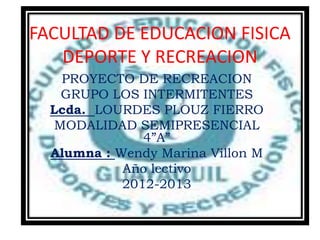 FACULTAD DE EDUCACION FISICA
   DEPORTE Y RECREACION
    PROYECTO DE RECREACION
    GRUPO LOS INTERMITENTES
  Lcda. LOURDES PLOUZ FIERRO
   MODALIDAD SEMIPRESENCIAL
               4”A”
  Alumna : Wendy Marina Villon M
            Año lectivo
            2012-2013
 