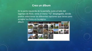 Crea un álbum
En la parte izquierda de la pantalla, justo al lado del
logotipo de flickr, verás el menú “Tú” desplegable, donde
podrás seleccionar las diferentes opciones que tienes para
arreglar tus fotos en la página.
álbum
 