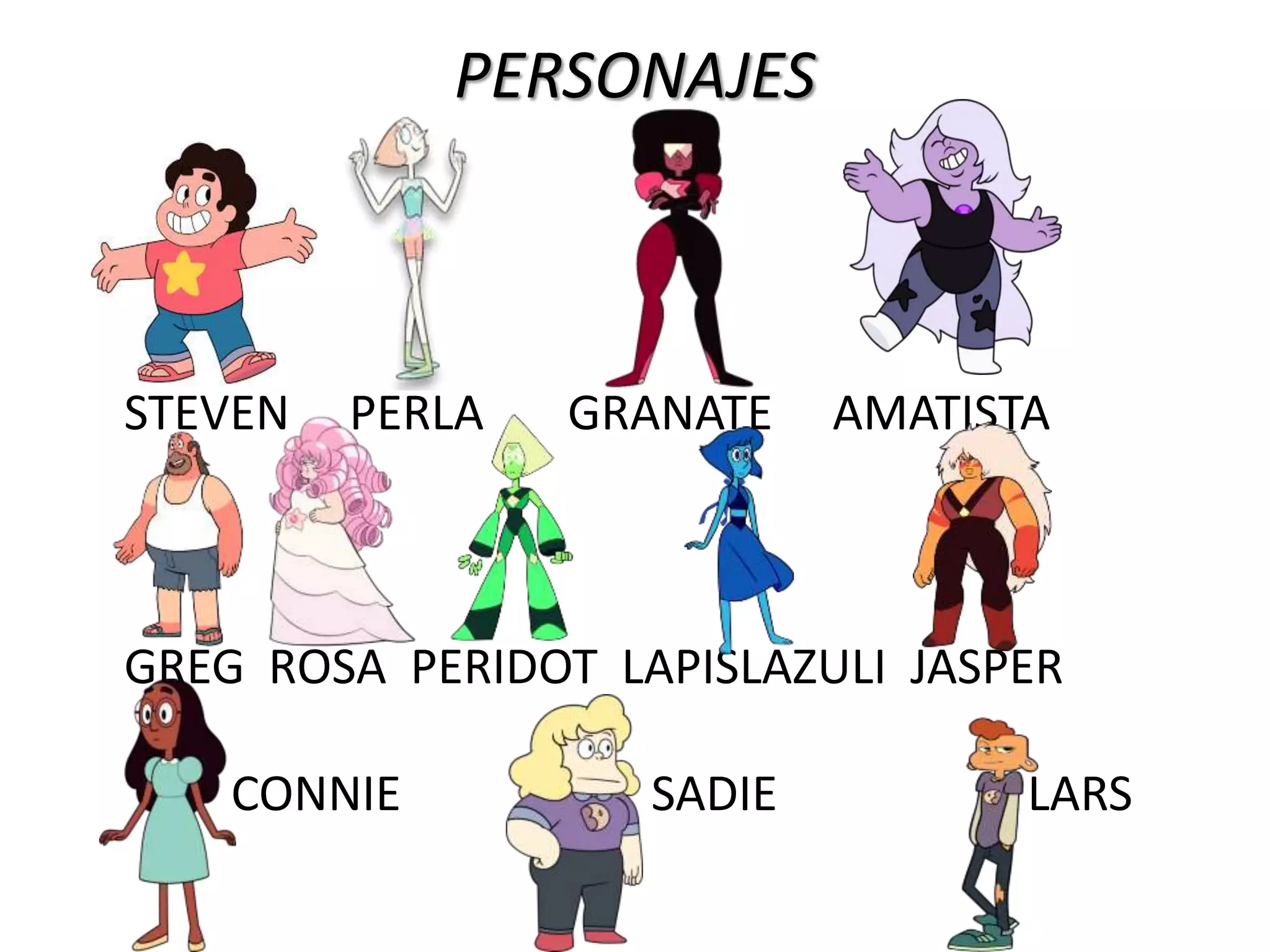 PERSONAJES
STEVEN PERLA GRANATE AMATISTA
GREG ROSA PERIDOT LAPISLAZULI JASPER
CONNIE SADIE LARS
 