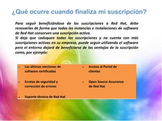  Las últimas versiones de
software certificadas
 Erratas de seguridad y
corrección de errores
 Soporte técnico de Red Hat
 Acceso al Portal de
clientes
 Open Source Assurance
de Red Hat
Para seguir beneficiándose de las suscripciones a Red Hat, debe
renovarlas de forma que todas las instancias e instalaciones de software
de Red Hat conserven una suscripción activa.
Si deja que caduquen todas las suscripciones y no cuenta con más
suscripciones activas en su empresa, puede seguir utilizando el software
pero el entorno dejará de beneficiarse de las ventajas de la suscripción
como, por ejemplo:
¿Qué ocurre cuando finaliza mi suscripción?
 