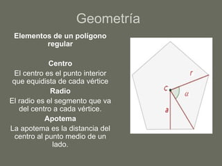 Geometría  Elementos de un polígono regular Centro El centro es el punto interior que equidista de cada vértice Radio El radio es el segmento que va del centro a cada vértice. Apotema La apotema es la distancia del centro al punto medio de un lado. 