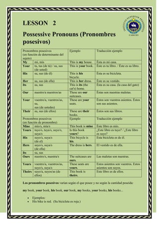 LESSON 2
Possessive Pronouns (Pronombres
posesivos)
Pronombres posesivos                  Ejemplo              Traducción ejemplo
(en función de determinante del
sujeto)
My       mi, mis                      This is my house. Ésta es mi casa.
Your tu, tus (de tú) / su, sus        This is your book. Éste es tu libro. / Éste es su libro.
         (de usted)
His      su, sus (de él)              This is his          Ésta es su bicicleta.
                                      bicycle.
Her      su, sus (de ella)            This is her dress.   Éste es su vestido.
Its      su, sus                      This is its (the     Ésta es su casa. (la casa del gato)
                                      cat's) home.
Our      nuestro/a nuestros/as        These are our        Éstas son nuestras maletas.
                                      suitcases.
Your     vuestro/a, vuestros/as,      These are your       Éstos son vuestros asientos. Éstos
         su,                          seats.               son sus asientos.
         sus (de ustedes)
Their    su, sus (de ellos)           These are their      Éstos son sus libros.
                                      books.
Pronombres posesivos                  Ejemplo              Traducción ejemplo
(en función de pronombre)
Mine mío/s, mía/s                     This book is mine    Éste libro es mío.
Yours tuyo/s, tuya/s, suyo/s,         Is this book         ¿Este libro es tuyo? / ¿Este libro
         suya/s                       yours?               es suyo?
His      suyo/s, suya/s               This bicycle is      Esta bicicleta es de él.
         (de el)                      his.
Hers     suyo/s, suya/s               The dress is hers.   El vestido es de ella.
         (de ella)
Its      su, sus
Ours     nuestro/s, nuestra/s         The suitcases are    Las maletas son nuestras.
                                      ours.
Yours  vuestro/a, vuestros/as,        These seats are      Estos asientos son vuestros. Estos
       suyo/s, suya/s                 yours.               asientos son suyos.
Theirs suyo/a, suyos/as (de           This book is         Este libro es de ellos.
       ellos)                         theirs.

Los pronombres posesivos varían según el que posee y no según la cantidad poseida:

my book, your book, his book, our book, my books, your books, his books...

        Ejemplos:
        His bike is red. (Su bicicleta es roja.)
 