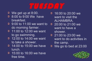 TUESDAY 
➲ We get up at 8:00. 
➲ 8:00 to 9:00 We have 
breakfast. 
➲ 9:00 to 11:00 we want to 
do morning farmer. 
➲ 11:00 to 12:00 we want 
to go swimming. 
➲ 12:00 to 14:00 we want 
to take a shower. 
➲ 14:00 to 15:00 we have 
lunch. 
➲ 15:00 to 16:00 we have 
free time. 
➲ 16:00 to 20:00 we 
want to visit the 
ALHAMBRA. 
➲ 20:00 to 21:00 we 
want to have a 
shower. 
➲ 21:00 to 23:00 we 
want to do activities in 
the camp. 
➲ We go to bed at 23:00 
 