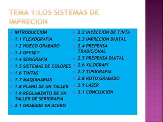  INTRODUCCION
 1.1 FLEXOGRAFIA
 1.2 HUECO GRABADO
 1.3 OFFSET
 1.4 SERIGRAFIA
 1.5 SISTEMAS DE COLORES
 1.6 TINTAS
 1.7 MAQUINARIAS
 1.8 PLANO DE UN TALLER
 1.9 REGLAMENTO DE UN
TALLER DE SERIGRAFIA
 2.1 GRABADO EN ACERO
 2.2 INYECCION DE TINTA
 2.3 IMPRECION DIJITAL
 2.4 PREPENSA
TRADICIONAL
 2.5 PREPENSA DIJITAL
 2.6 XILOGRAFI
 2.7 TIPOGRAFIA
 2.8 ROTO GRABADO
 2.9 LASER
 3.1 CONCLUCION
 