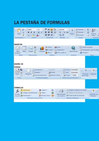 LA PESTAÑA DE FORMULAS 
INSERTAR 
DISEÑO DE 
PAGINA 
FÓRMULAS 
 