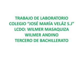 TRABAJO DE LABORATORIO 
COLEGIO “JOSÉ MARÍA VELÁZ S.J” 
LCDO: WILMER MASAQUIZA 
WILMER ANDINO 
TERCERO DE BACHILLERATO 
 