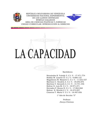 REPÚBLICA BOLIVARIANA DE VENEZUELA
UNIVERSIDAD NACIONAL EXPERIMENTAL
DE LOS LLANOS CENTRALES
RÓMULO GALLEGOS
ÁREA DE CIENCIAS POLÍTICAS Y JURÍDICAS
UNIDAD CURRICULAR: INTRODUCCIÓN AL DERECHO
Bachilleres:
1º Año de Sección “3”
Profesor:
Jhovys Chirinos
Hernández R. Yuleidy Y. C.I. V.- 17.471.774
Roldán M. Lissette D. C.I. V.- 9.888.122
Magallanes M. Marjorie C. C.I. V.- 11.632.537
Martínez C. Hendrix A. C.I. V.- 18.646.876
Martínez V. Kenneth A. C.I. V.- 14.741.346
Bolívar D. Luis M. C.I. V.- 18.971.271
Herrades P. Ronny R. C.I. V.- 17.062.068
Bolívar B. Wintila C.I. V.- 10.472.857
Cisneros T. María V. C.I. V.- 18.487.856
 