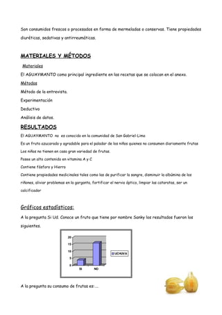 Son consumidos frescos o procesados en forma de mermeladas o conservas. Tiene propiedades
diuréticas, sedativas y antirreumáticas.
MATERIALES Y MÉTODOS
Materiales
El AGUAYMANTO como principal ingrediente en las recetas que se colocan en el anexo.
Métodos
Método de la entrevista.
Experimentación
Deductivo
Análisis de datos.
RESULTADOS
El AGUAYMANTO no es conocido en la comunidad de San Gabriel-Lima
Es un fruto azucarado y agradable para el paladar de los niños quienes no consumen diariamente frutas
Los niños no tienen en casa gran variedad de frutas.
Posee un alto contenido en vitamina A y C
Contiene fósforo y Hierro
Contiene propiedades medicinales tales como las de purificar la sangre, disminuir la albúmina de los
riñones, aliviar problemas en la garganta, fortificar el nervio óptico, limpiar las cataratas, ser un
calcificador
Gráficos estadísticos:
A la pregunta Si Ud. Conoce un fruto que tiene por nombre Sanky los resultados fueron los
siguientes.
A la pregunta su consumo de frutas es:….
0
5
10
15
20
SI NO
UCHUVA
 