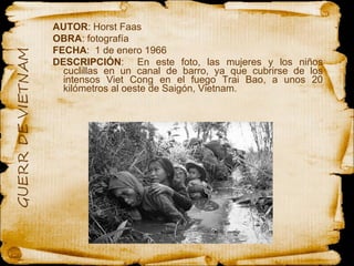 AUTOR : Horst Faas OBRA : fotografía  FECHA :  1 de enero 1966  DESCRIPCIÓN :  En este foto, las mujeres y los niños cuclillas en un canal de barro, ya que cubrirse de los intensos Viet Cong en el fuego Trai Bao, a unos 20 kilómetros al oeste de Saigón, Vietnam.  