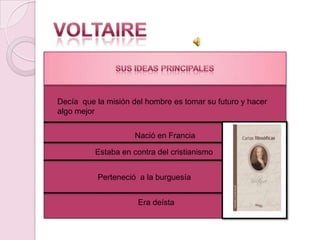 Decía que la misión del hombre es tomar su futuro y hacer
algo mejor


                     Nació en Francia

          Estaba en contra del cristianismo


          Perteneció a la burguesía


                      Era deísta
 