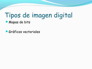 Tipos de imagen digital
Mapas de bits


Gráficos vectoriales
 
