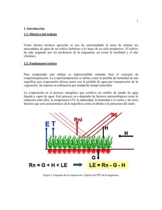 1
1. Introducción
1.1. Objetivo del trabajo
Como futuros técnicos agrícolas se nos ha encomendado la tarea de estimar las
necesidades de agua de un cultivo herbáceo a lo largo de su ciclo productivo. El cultivo
ha sido asignado por los profesores de la asignatura, así como la localidad y el año
climático.
1.2. Fundamento teórico
Para comprender este trabajo es imprescindible entender bien el concepto de
evapotranspiración. La evapotranspiración se define como la pérdida de humedad de una
superficie por evaporación directa junto con la pérdida de agua por transpiración de la
vegetación. Se expresa en milímetros por unidad de tiempo (mm/día).
La evaporación es el proceso energético que conlleva un cambio de estado de agua
líquida a vapor de agua. Este proceso va a depender de factores meteorológicos como la
radiación solar (Rs), la temperatura (Tª), la nubosidad, la humedad o el viento y de otros
factores que son característicos de la superficie como el albedo o la estructura del suelo.
Figura 1: Esquema de la evaporación. Captura del PPT de la asignatura.
 