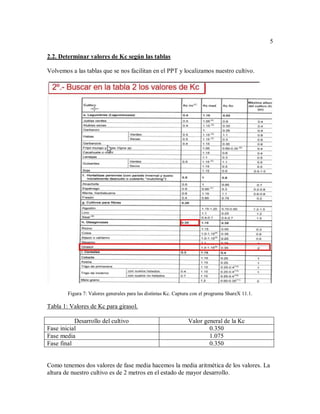 5
2.2. Determinar valores de Kc según las tablas
Volvemos a las tablas que se nos facilitan en el PPT y localizamos nuestro cultivo.
Figura 7: Valores generales para las distintas Kc. Captura con el programa ShareX 11.1.
Tabla 1: Valores de Kc para girasol.
Desarrollo del cultivo Valor general de la Kc
Fase inicial 0.350
Fase media 1.075
Fase final 0.350
Como tenemos dos valores de fase media hacemos la media aritmética de los valores. La
altura de nuestro cultivo es de 2 metros en el estado de mayor desarrollo.
 