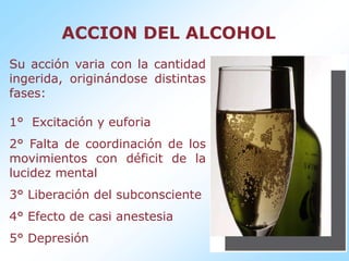 ACCION DEL ALCOHOLSu acción varia con la cantidad ingerida, originándose distintas fases:1°  Excitación y euforia2° Falta de coordinación de los movimientos con déficit de la lucidez mental3° Liberación del subconsciente4° Efecto de casi anestesia5° Depresión