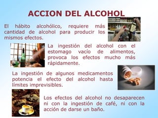 ACCION DEL ALCOHOLEl hábito alcohólico, requiere más cantidad de alcohol para producir los mismos efectos.La ingestión del alcohol con el estomago vacío de alimentos, provoca los efectos mucho más rápidamente.La ingestión de algunos medicamentos potencia el efecto del alcohol hasta límites imprevisibles.Los efectos del alcohol no desaparecen ni con la ingestión de café, ni con la acción de darse un baño.
