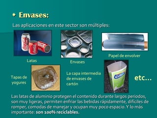    Envases: Las aplicaciones en este sector son múltiples:   Las latas de aluminio protegen el contenido durante largos periodos, son muy ligeras, permiten enfriar las bebidas rápidamente, difíciles de romper, comodas de manejar y ocupan muy poco espacio. Y lo más importante:  son 100% reciclables.  Latas Papel de envolver La capa intermedia de envases de cartón Tapas de  yogures Envases etc… 