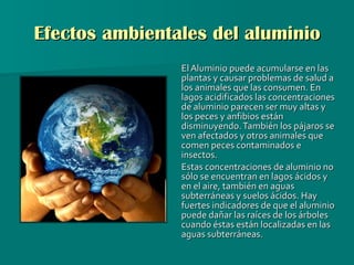Efectos ambientales del aluminio El Aluminio puede acumularse en las plantas y causar problemas de salud a los animales que las consumen. En lagos acidificados las concentraciones de aluminio parecen ser muy altas y los peces y anfibios están disminuyendo. También los pájaros se ven afectados y otros animales que comen peces contaminados e insectos.  Estas concentraciones de aluminio no sólo se encuentran en lagos ácidos y en el aire, también en aguas subterráneas y suelos ácidos. Hay fuertes indicadores de que el aluminio puede dañar las raíces de los árboles cuando éstas están localizadas en las aguas subterráneas. 