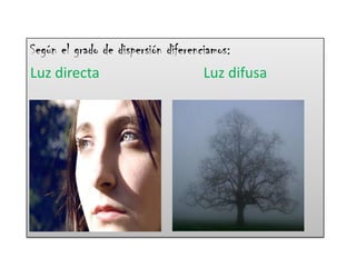 Según el grado de dispersión diferenciamos:
Luz directa
Luz difusa

 