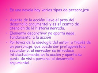 En una novela hay varios tipos de personajes: Agente de la acción: lleva el peso del desarrollo argumental y es el centro de atención de la historia narrada.  Elemento decorativo: no aporta nada fundamental a la acción  Portavoz de la ideología del autor: a través de un personaje, que puede ser protagonista o secundario, el narrador se introduce intelectualmente en la acción y aporta su punto de vista personal al desarrollo argumental.   