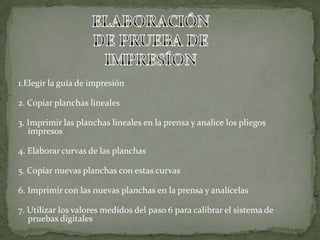 1.Elegir la guía de impresión
2. Copiar planchas lineales
3. Imprimir las planchas lineales en la prensa y analice los pliegos
impresos
4. Elaborar curvas de las planchas
5. Copiar nuevas planchas con estas curvas
6. Imprimir con las nuevas planchas en la prensa y analícelas
7. Utilizar los valores medidos del paso 6 para calibrar el sistema de
pruebas digitales
 
