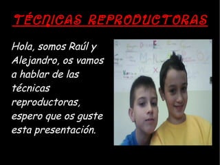 TÉCNICAS REPRODUCTORAS
Hola, somos Raúl y
Alejandro, os vamos
a hablar de las
técnicas
reproductoras,
espero que os guste
esta presentación.
 