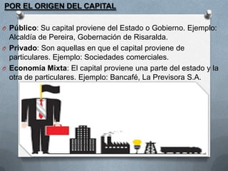 POR EL ORIGEN DEL CAPITAL
O Público: Su capital proviene del Estado o Gobierno. Ejemplo:

Alcaldía de Pereira, Gobernación de Risaralda.
O Privado: Son aquellas en que el capital proviene de
particulares. Ejemplo: Sociedades comerciales.
O Economía Mixta: El capital proviene una parte del estado y la
otra de particulares. Ejemplo: Bancafé, La Previsora S.A.

 