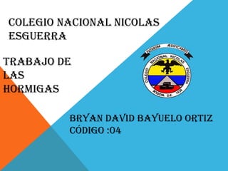 Colegio Nacional Nicolas
Esguerra
Trabajo de
las
hormigas
Bryan David Bayuelo Ortiz
Código :04
 