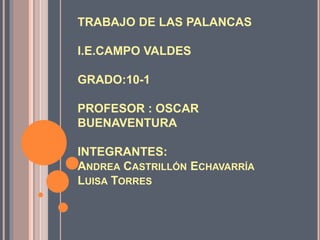 TRABAJO DE LAS PALANCAS
I.E.CAMPO VALDES
GRADO:10-1
PROFESOR : OSCAR
BUENAVENTURA
INTEGRANTES:
ANDREA CASTRILLÓN ECHAVARRÍA
LUISA TORRES
 