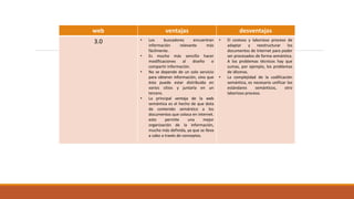 web ventajas desventajas
3.0 • Los buscadores encuentran
información relevante más
fácilmente.
• Es mucho más sencillo hacer
modificaciones al diseño o
compartir información.
• No se depende de un solo servicio
para obtener información, sino que
ésta puede estar distribuida en
varios sitios y juntarla en un
tercero.
• La principal ventaja de la web
semántica es el hecho de que dota
de contenido semántico a los
documentos que coloca en internet.
esto permite una mejor
organización de la información,
mucho más definida, ya que se lleva
a cabo a través de conceptos.
• El costoso y laborioso proceso de
adaptar y reestructurar los
documentos de Internet para poder
ser procesados de forma semántica.
A los problemas técnicos hay que
sumas, por ejemplo, los problemas
de idiomas.
• La complejidad de la codificación
semántica, es necesario unificar los
estándares semánticos, otro
laborioso proceso.
 