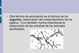 ●   Otra técnica de adivinación es la técnica de los
    augurios: observación del comportamiento de los
    pájaros. Tuvo también mucha importancia la
    observación de las entrañas de los animales
    sacrificados.
 