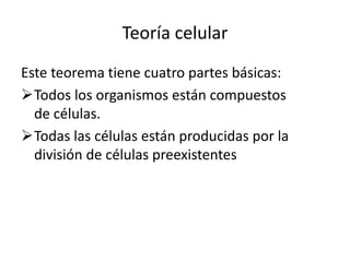 Teoría celular
Este teorema tiene cuatro partes básicas:
Todos los organismos están compuestos
de células.
Todas las células están producidas por la
división de células preexistentes
 