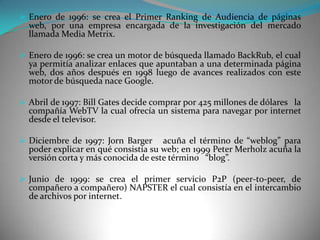  Enero de 1996: se crea el Primer Ranking de Audiencia de páginas
  web, por una empresa encargada de la investigación del mercado
  llamada Media Metrix.

 Enero de 1996: se crea un motor de búsqueda llamado BackRub, el cual
  ya permitía analizar enlaces que apuntaban a una determinada página
  web, dos años después en 1998 luego de avances realizados con este
  motor de búsqueda nace Google.

 Abril de 1997: Bill Gates decide comprar por 425 millones de dólares la
  compañía WebTV la cual ofrecía un sistema para navegar por internet
  desde el televisor.

 Diciembre de 1997: Jorn Barger     acuña el término de “weblog” para
  poder explicar en qué consistía su web; en 1999 Peter Merholz acuña la
  versión corta y más conocida de este término “blog”.

 Junio de 1999: se crea el primer servicio P2P (peer-to-peer, de
  compañero a compañero) NAPSTER el cual consistía en el intercambio
  de archivos por internet.
 