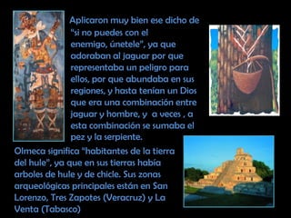 Aplicaron muy bien ese dicho de “si no puedes con el enemigo, únetele”, ya que adoraban al jaguar por que representaba un peligro para ellos, por que abundaba en sus regiones, y hasta tenían un Dios que era una combinación entre jaguar y hombre, y  a veces , a esta combinación se sumaba el pez y la serpiente. Olmeca significa “habitantes de la tierra del hule”, ya que en sus tierras había arboles de hule y de chicle. Sus zonas arqueológicas principales están en San Lorenzo, Tres Zapotes (Veracruz) y La Venta (Tabasco)