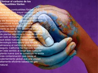Eliminar el carbono de los combustibles fósiles: Entre los combustibles fósiles el carbón es el que tiene mayor contenido de carbono. La reducción en el uso del carbón mediante la eficiencia energética y las tecnologías de energía renovable constituye la solución clave al calentamiento global. Sin embargo, lo cierto es que en los próximos años probablemente se construyan centenares de plantas eléctricas a base de carbón en todo el mundo. Debemos insistir en que estas nuevas plantas usen tecnología innovadora que elimine y almacene el carbono de una manera segura. California ha marcado la pauta en este sentido al exigir que cualquier planta nueva que se construya no emita más contaminación que cause el calentamiento global que una unidad altamente eficiente basada en gas natural.   