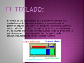 El teclado de una computadora es el dispositivo de entrada mas
usada de acuerdo a la marca y modelo de la computadora se
presentan algunas variaciones, en esta parte se explicara a grandes
rasgos del teclado de una computadora personal, el teclado de una
PC de acuerdo a las funciones de las diversas teclas se divide para su
estudio en cuatro partes que son teclado de función, teclado
alfanumérico, teclado de edición y teclado numérico.
 