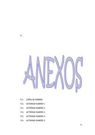 9.




9.1.   CARTA DE PERMISO

9.2.   ACTIVIDAD NUMERO 1.

9.3.   ACTIVIDAD NUMERO 2.

9.4.   ACTIVIDAD NUMERO 3.

9.5.   ACTIVIDAD NUMERO 4.

9.6.   ACTIVIDAD NUMERO 5.

                             31
 