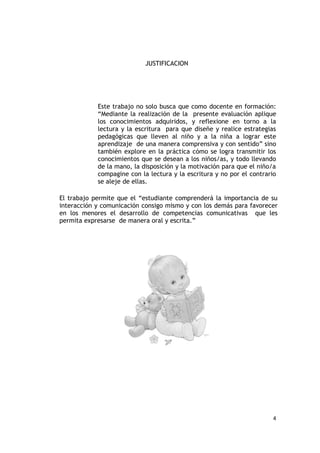 JUSTIFICACION




            Este trabajo no solo busca que como docente en formación:
            “Mediante la realización de la presente evaluación aplique
            los conocimientos adquiridos, y reflexione en torno a la
            lectura y la escritura para que diseñe y realice estrategias
            pedagógicas que lleven al niño y a la niña a lograr este
            aprendizaje de una manera comprensiva y con sentido” sino
            también explore en la práctica cómo se logra transmitir los
            conocimientos que se desean a los niños/as, y todo llevando
            de la mano, la disposición y la motivación para que el niño/a
            compagine con la lectura y la escritura y no por el contrario
            se aleje de ellas.

El trabajo permite que el “estudiante comprenderá la importancia de su
interacción y comunicación consigo mismo y con los demás para favorecer
en los menores el desarrollo de competencias comunicativas que les
permita expresarse de manera oral y escrita.”




                                                                       4
 