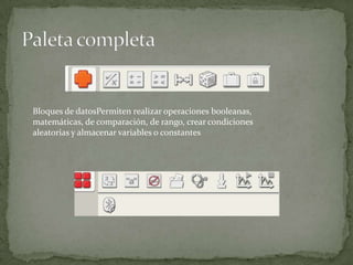 Bloques de datosPermiten realizar operaciones booleanas,
matemáticas, de comparación, de rango, crear condiciones
aleatorias y almacenar variables o constantes
 