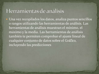  Una vez recopilados los datos, analiza puntos sencillos
o rangos utilizando las herramientas de análisis. Las
herramientas de análisis muestran el mínimo, el
máximo y la media. Las herramientas de análisis
también te permiten comprobar el ajuste lineal de
cualquier conjunto de datos sobre el Gráco,
incluyendo las predicciones
 