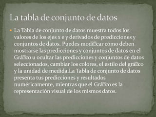  La Tabla de conjunto de datos muestra todos los
valores de los ejes x e y derivados de predicciones y
conjuntos de datos. Puedes modicar cómo deben
mostrarse las predicciones y conjuntos de datos en el
Gráco u ocultar las predicciones y conjuntos de datos
seleccionados, cambiar los colores, el estilo del gráco
y la unidad de medida.La Tabla de conjunto de datos
presenta tus predicciones y resultados
numéricamente, mientras que el Gráco es la
representación visual de los mismos datos.
 