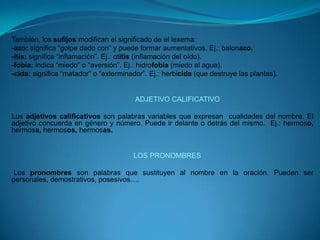 También, los sufijos modifican el significado de el lexema:-azo: significa “golpe dado con” y puede formar aumentativos. Ej.: balonazo.-itis: significa “inflamación”. Ej.: otitis (inflamación del oído).-fobia: indica “miedo” o “aversión”. Ej.: hidrofobia (miedo al agua).-cida: significa “matador” o “exterminador”. Ej.: herbicida (que destruye las plantas).ADJETIVO CALIFICATIVOLos adjetivos calificativos son palabras variables que expresan  cualidades del nombre. El adjetivo concuerda en género y número. Puede ir delante o detrás del mismo.  Ej.: hermoso, hermosa, hermosos, hermosas.LOS PRONOMBRESLos pronombres son palabras que sustituyen al nombre en la oración. Pueden ser personales, demostrativos, posesivos…. 