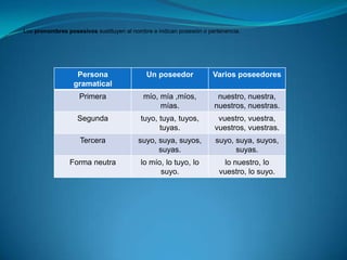 Los pronombres posesivos sustituyen al nombre e indican posesión o pertenencia.