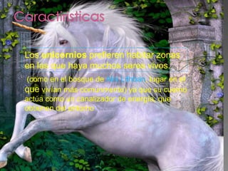 Los unicornios prefieren habitar zonas 
en las que haya muchos seres vivos.
 (como en el bosque de Alis Lithban, lugar en el 
que vivían más comúnmente) ya que su cuerno 
actúa como un canalizador de energía, que 
obtienen del entorno
 