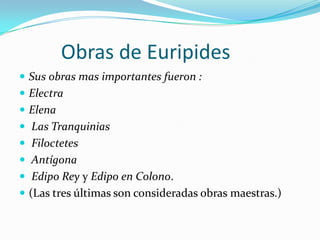 Amigo de Herodoto y Pericles, no mostró demasiado interés por la política, pese a lo cual fue elegido dos veces estratego y participó en la expedición ateniense contra Samos (440), acontecimiento que recoge Plutarco en sus Vidas paralelas. Su muerte coincidió con la guerra con Esparta que habría de significar el principio del fin del dominio ateniense, y se dice que el ejército atacante concertó una tregua para que se pudieran celebrar debidamente sus funerales.       Obras de EsquiloSus obras mas importantes fueron : Las Suplicantes Los Egipcios Las Danaides Los PersasLos siete contra tebas.
