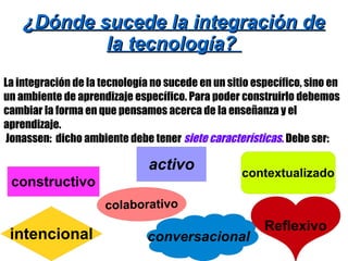 ¿Dónde sucede la integración de¿Dónde sucede la integración de
la tecnología?la tecnología?
La integración de la tecnología no sucede en un sitio específico, sino en
un ambiente de aprendizaje específico. Para poder construirlo debemos
cambiar la forma en que pensamos acerca de la enseñanza y el
aprendizaje.
Jonassen: dicho ambiente debe tener siete características. Debe ser:
activo
constructivo
intencional conversacional
contextualizado
Reflexivo
 