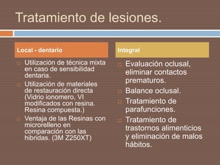 Tratamiento de lesiones.
 Utilización de técnica mixta
en caso de sensibilidad
dentaria.
 Utilización de materiales
de restauración directa
(Vidrio ionomero, VI
modificados con resina.
Resina compuesta.)
 Ventaja de las Resinas con
microrelleno en
comparación con las
hibridas. (3M Z250XT)
 Evaluación oclusal,
eliminar contactos
prematuros.
 Balance oclusal.
 Tratamiento de
parafunciones.
 Tratamiento de
trastornos alimenticios
y eliminación de malos
hábitos.
Local - dentario Integral
 