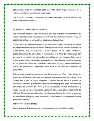 compañeros, entre más grandes sean los niños tienen mejor seguridad de si
mismos, comparten experiencias en su grupo.
5 y 6 años optan comportamientos emociones normales de ellos mismos, las
emociones pierden violencia.
La agresividad en los niños de 3 a 6 años.
Las conductas agresivas son acciones que los seres humanos experimentan en su
relación con los demás, es causada por múltiples desarrollos emocionales juega un
papel importante en la formación de esas conductas dañinas.
Los niños forman conductas agresivas, ya sea por situaciones familiares, las cuales
se presentan dentro del jardín, debido a la separación de sus padres, violencia de
la otra pareja, falta de autoridad, lo que genera en los niños tensiones,
estrés, problemas de aprendizaje y dificultades a la hora de relacionarse con
su entorno, al repetir las conductas aprendidas en sus hogares, tales como
gritos, golpes, rabias, berrinches, desobediencia, situación que pudimos observar
en los momentos del recreo, cuando un niño usaba un juego y el otro también lo
quería, se presentaban agresiones entre ellos al no tener la posibilidad de
compartirlo.
Así mismo se observó que durante la hora del almuerzo los niños y niñas pelean en
sus lugares el alimento tirándose las cucharas generando ambientes hostiles, a la
hora de irse al área de juegos se pelean, como el columpio, la rueda giratoria, la
resbaladilla, debido a que como no hay los suficientes juguetes para satisfacer las
demandas del número de niños y niñas, provocando en ellos desmotivación y
rabia, que al no saber manejarlas utilizan la agresividad como mecanismo de
defensa. Es una situación alarmante para los docentes que los motiva a repensar
las estrategias educativas, para que vayan encaminadas a una buena convivencia
y respeto por el otro.
Indicadores institucionales:
Abuso de poder de la educadora y otros agentes de la comunidad escolar.
 